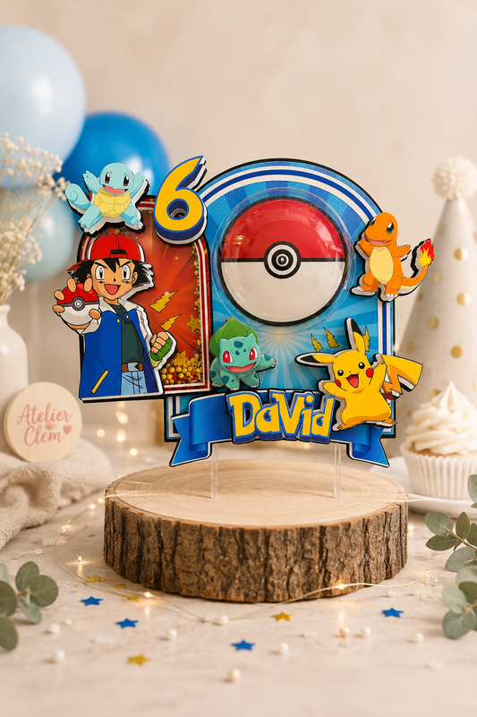 Cake Topper Pokémon personnalisé lumineux et shaker avec prénom David et âge 6 ans
