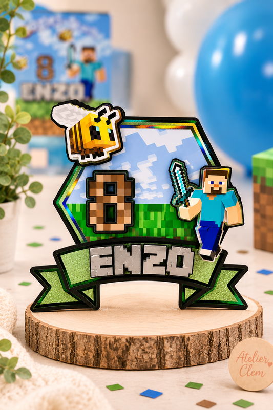 Cake Topper Minecraft personnalisé avec prénom Enzo et âge 8 ans