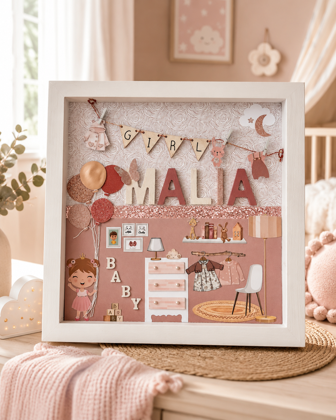 Cadre de naissance personnalisé en relief Malia pour chambre de bébé