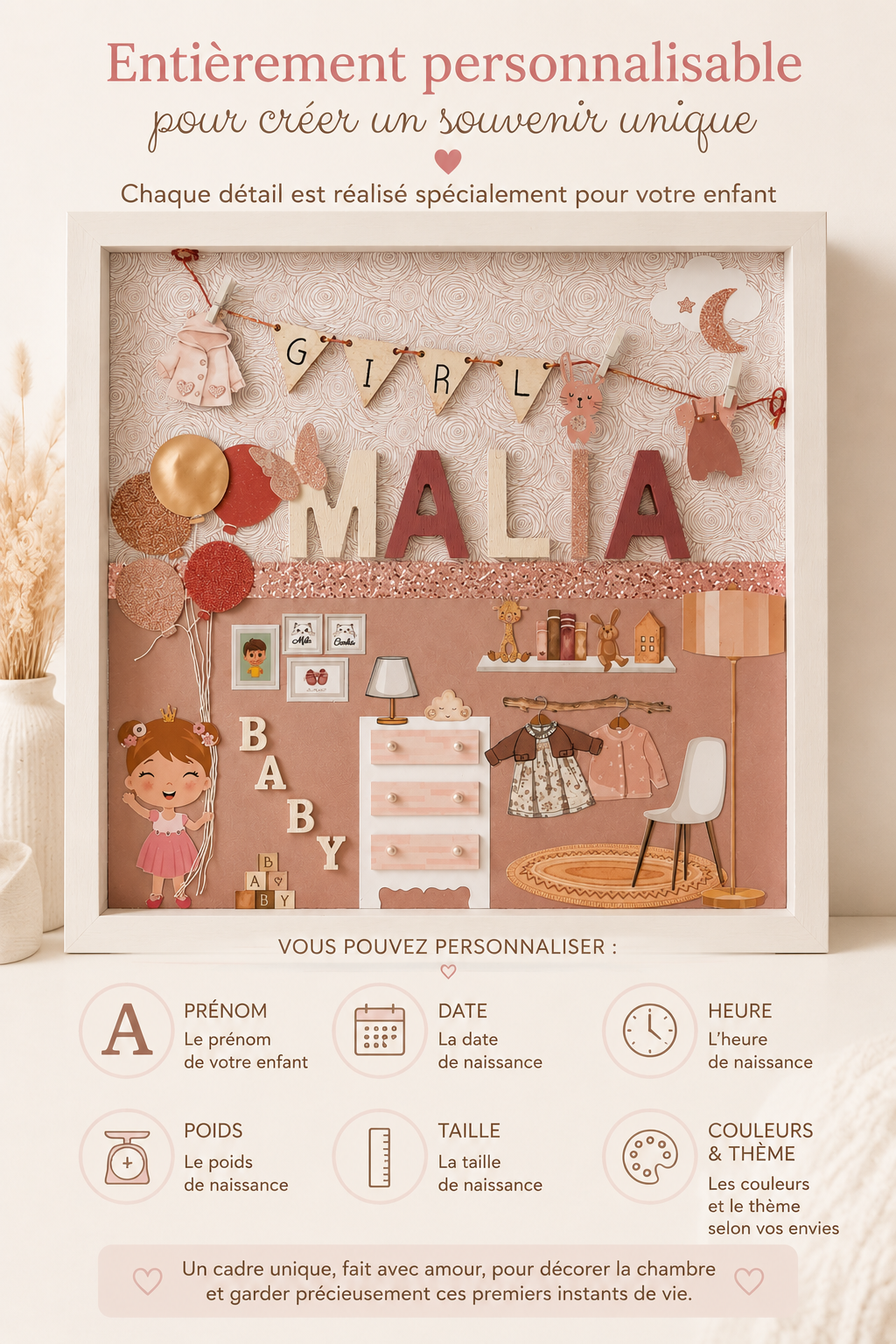 Cadre de naissance personnalisé avec prénom date heure poids taille couleurs et thème